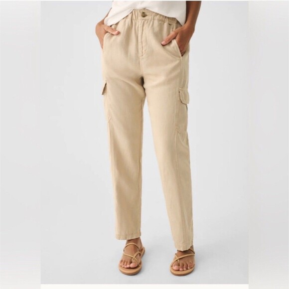 FAHERTY Arlie Day Cargo Casual Pant Linen Soft Blend Safari Beige Large $148 NWT - Picture 1 of 12